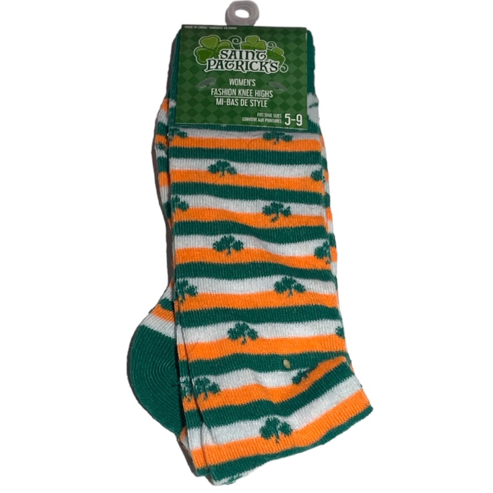 Saint Patrick’s Day Stripes and Clover Crew Socks Green Orange White Size 5-9